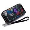 Double Zipper Rose Flower Ladies Genuine Leather Wallet with Many Card Pockets Women Clutch Wallet With Wristband