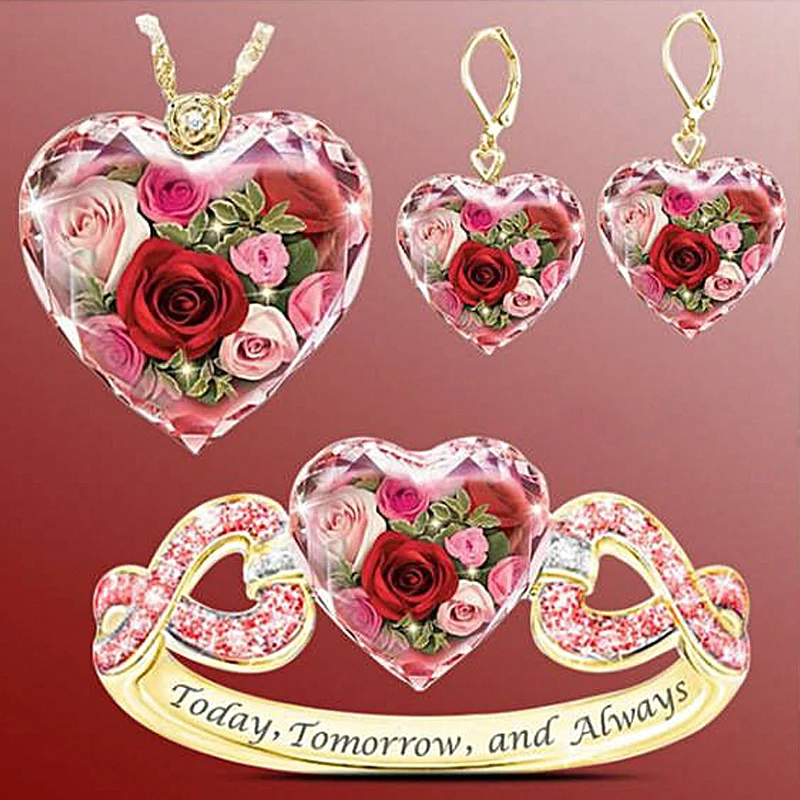 Romantic Heart Zircon Crystal Necklace Jewelry Set Rose flower Heart Earrings and Bracelet Set For Wedding Party Jewelry, Gold color
Romantic Heart Zircon Crystal Necklace Jewelry Set Rose flower Heart Earrings and Bracelet Set For Wedding Party Jewelry, Gold color