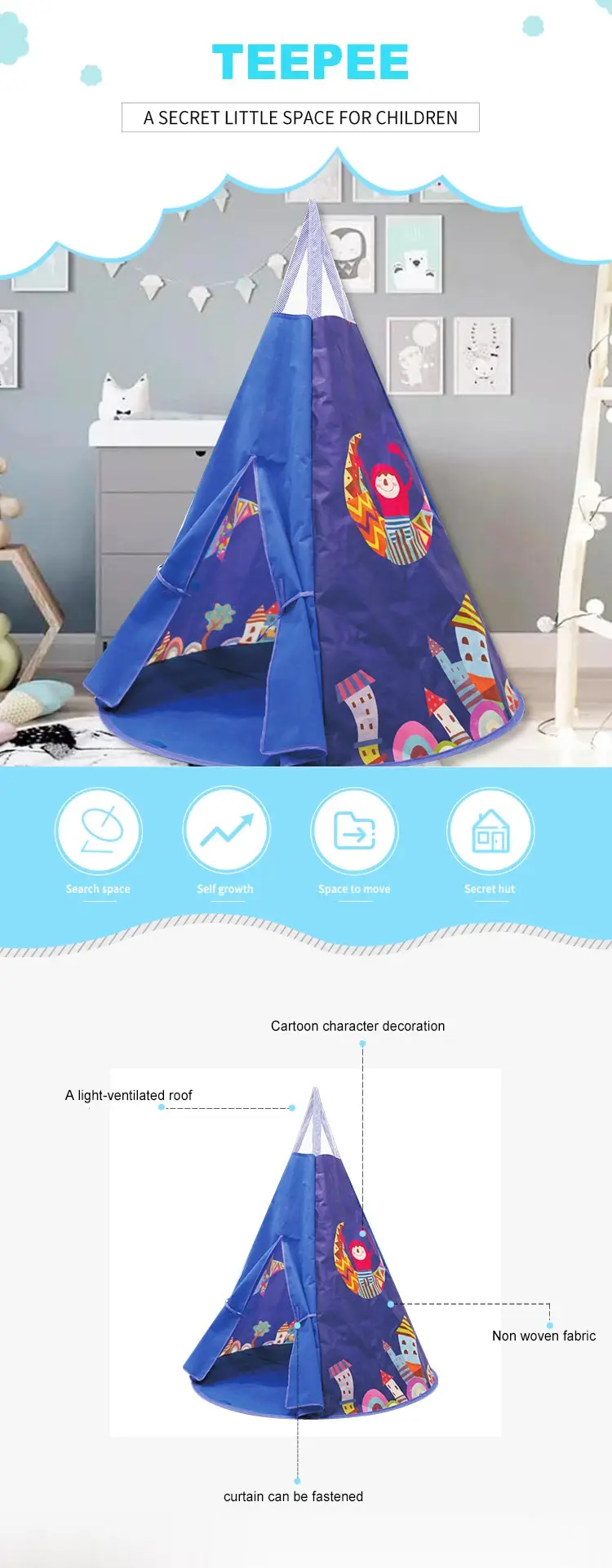 OEM Indoor Outdoor Kids Children Blue Color Play Teepee Tent Aldi Kids