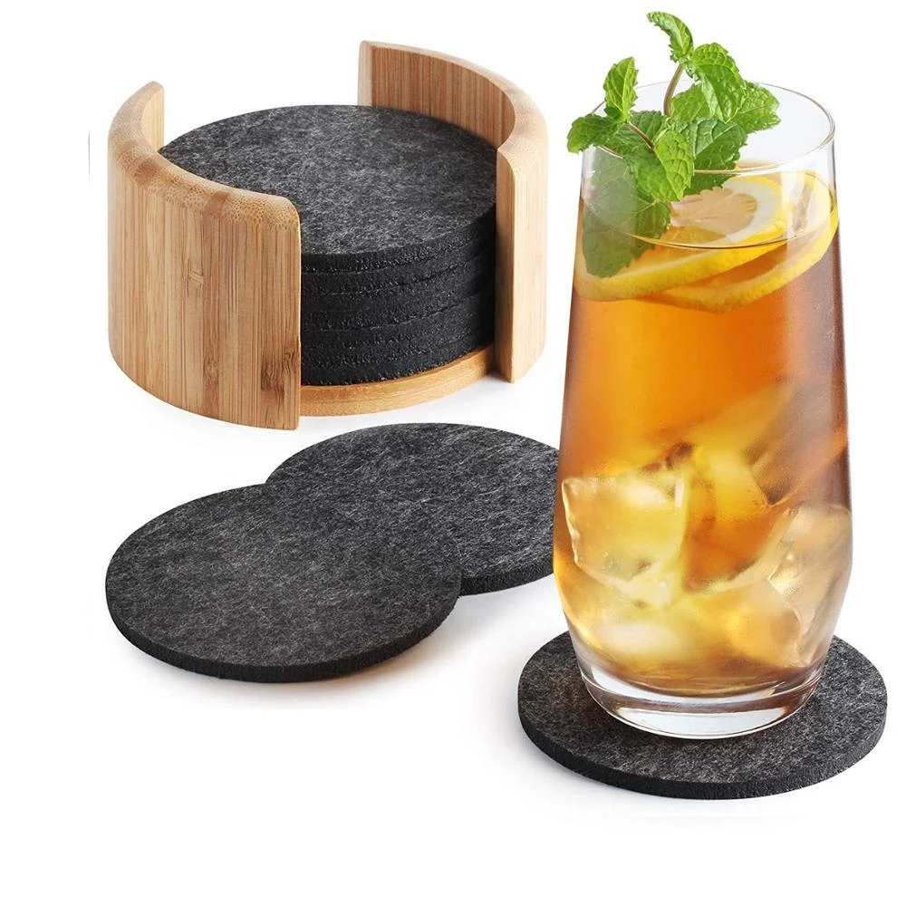 

Dark Grey 5mm Thickness Round Coasters Table Coasters 10 pieces Felt Drink Coaster Set with Bamboo Holder