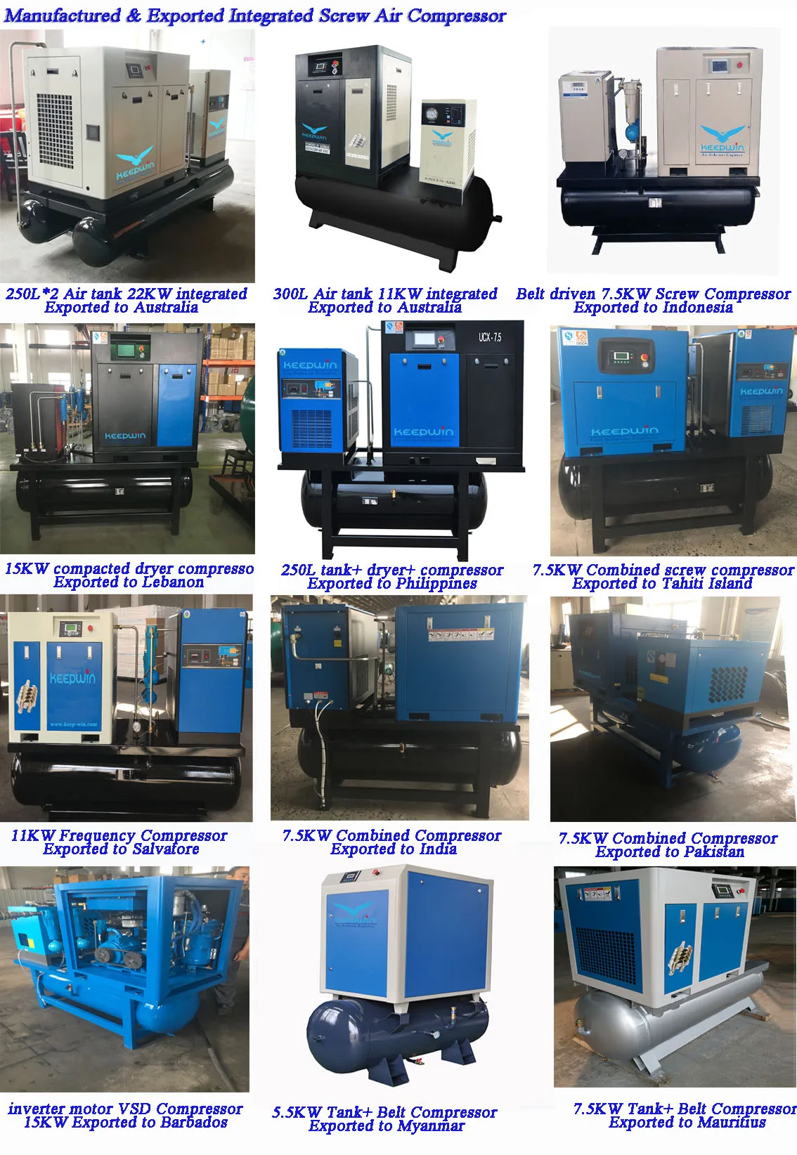 11KW Integrated Screw Compressor with 2.4m3/min 13bar 10bar Air Dryer without air tank