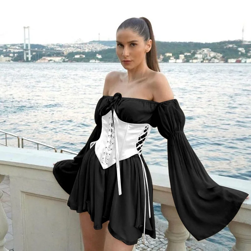 New Arrivals 2021 Woman Off Shoulder Long Sleeve Chiffon Sun Dress Matching With Satin Corset, White, black, pink
New Arrivals 2021 Woman Off Shoulder Long Sleeve Chiffon Sun Dress Matching With Satin Corset, White, black, pink