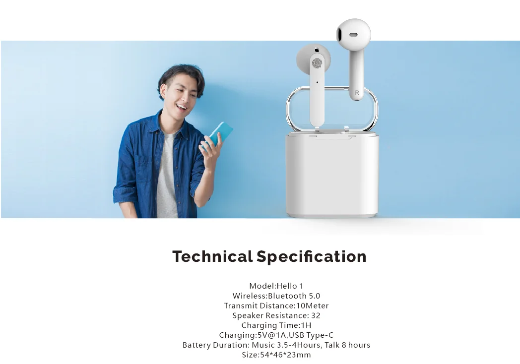 2020 New Arrival hello 1 true wireless tws earbuds with bluetooh stereo headphones and Type-c charging port headset - ANKUX.COM