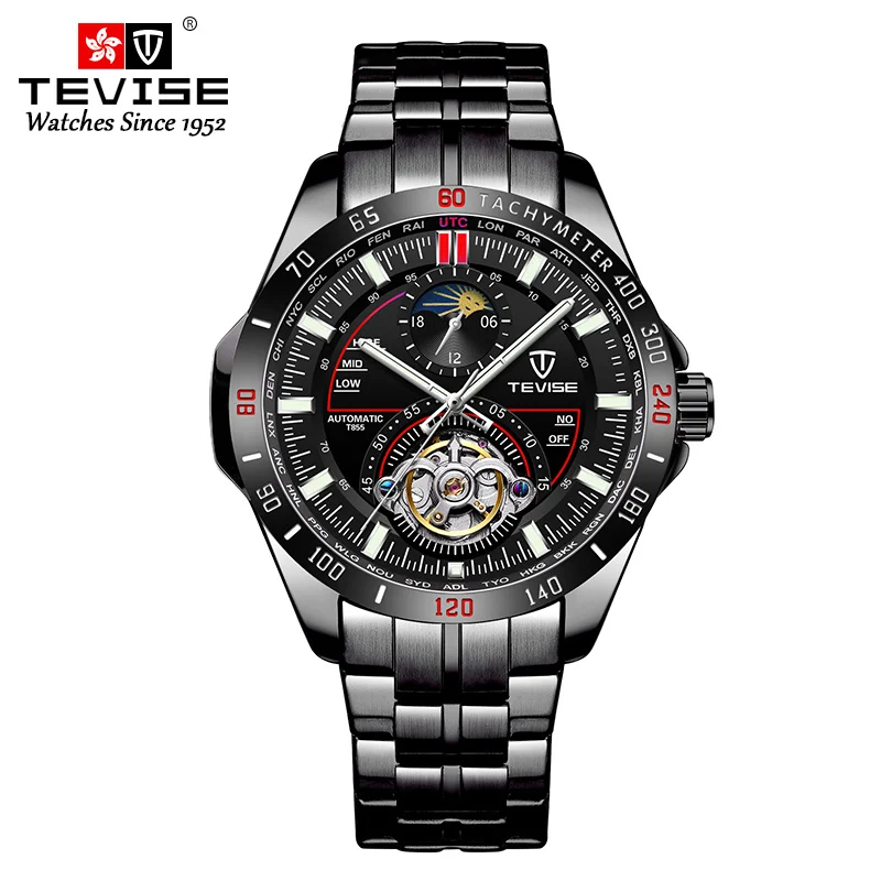 

Custom Logo Men's Automatic Mechanical Tourbillon Steel Strap Watches Skeleton Wristwatches Relojes Camuflaje, Optional