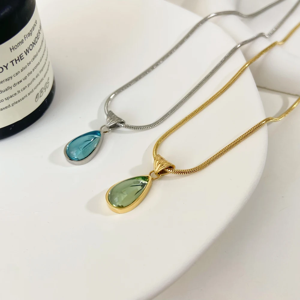 2024 Fashion Jewelry Droplet Shape Green Blue Glass Stone Pendant Necklace Fairy Elegant Stainless Steel Plating Necklace
2024 Fashion Jewelry Droplet Shape Green Blue Glass Stone Pendant Necklace Fairy Elegant Stainless Steel Plating Necklace