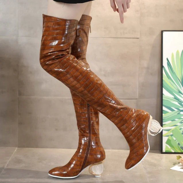 Crystal Glass Ball Heels Square Toe High Thin Heel Women Boots Thigh High Booties Stone Print Side Half-zip Over Knee High Boots, Brown
Crystal Glass Ball Heels Square Toe High Thin Heel Women Boots Thigh High Booties Stone Print Side Half-zip Over Knee High Boots, Brown