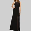ladies office wear maxi dress formal black lace neck sheer back long tulle embellished semi dress elegant sexy party evening