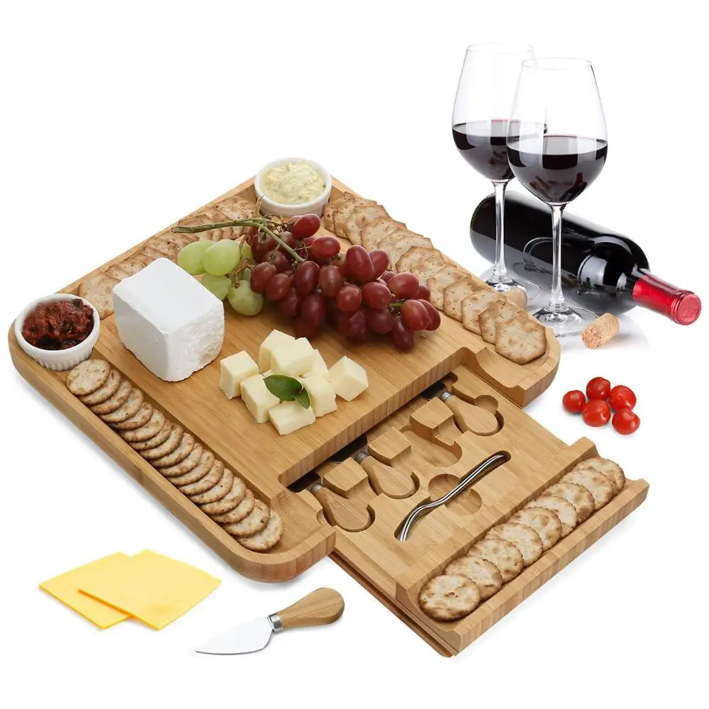 

Hot sale Wholesale Bamboo Charcuterie wooden Cheese Board Platter with knife and Slide Out Drawer set, Natural bamboo color