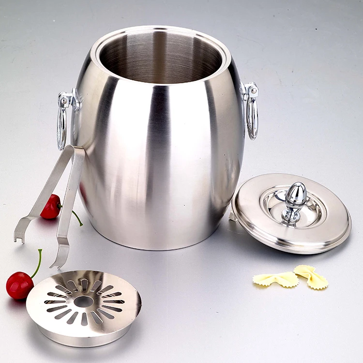 Double 1.0L/2.0L layer double wall metal large olive-shaped custom large insulated stainless steel ice bucket with lid
