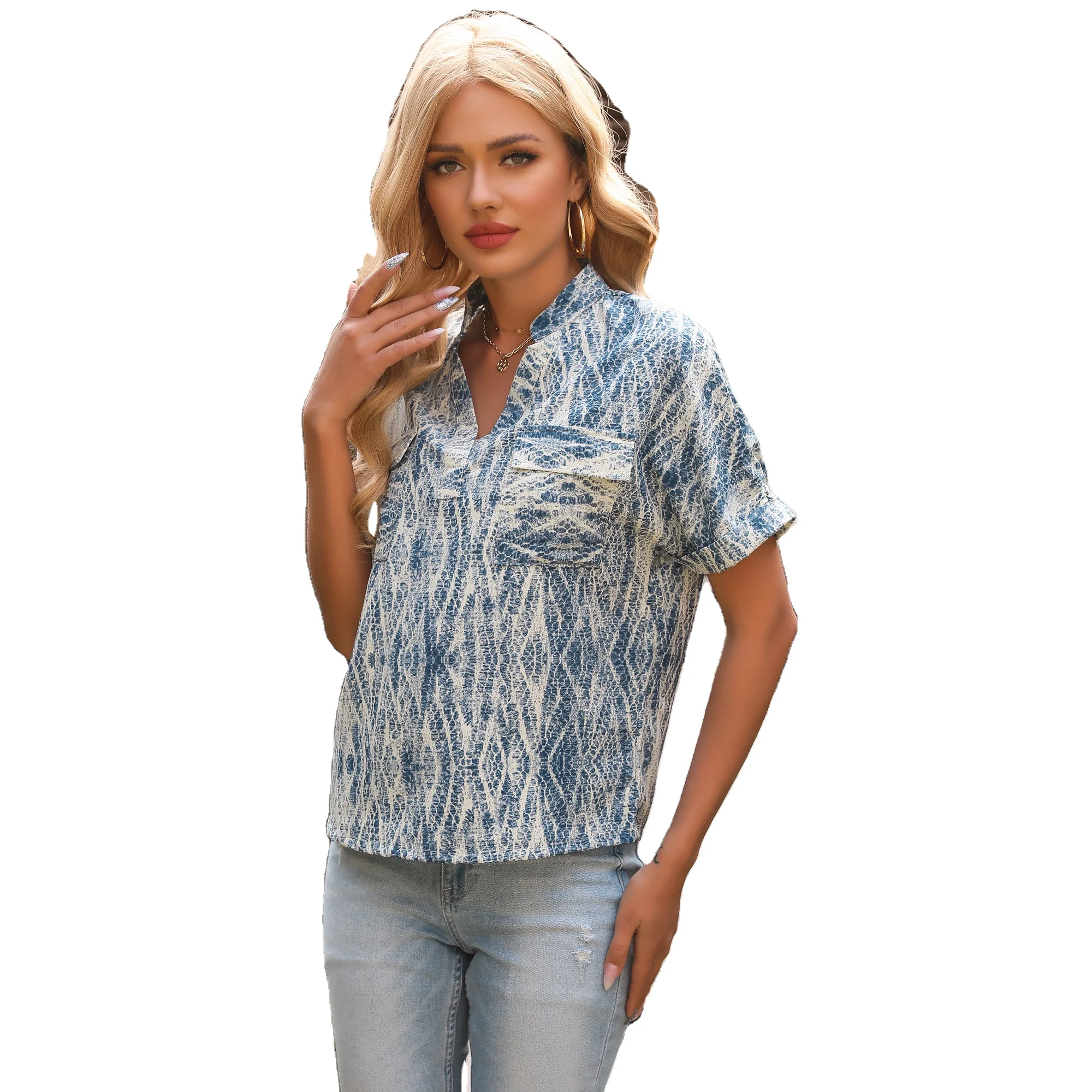 New summer 2021 European and American women's top printed pullover V-neck pocket tie-dye short sleeve shirt, Shown
New summer 2021 European and American women's top printed pullover V-neck pocket tie-dye short sleeve shirt, Shown