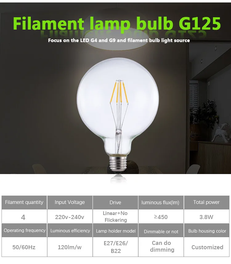 home indoor residential classic decoration bayonet base G125 4w e27 led filament bulb