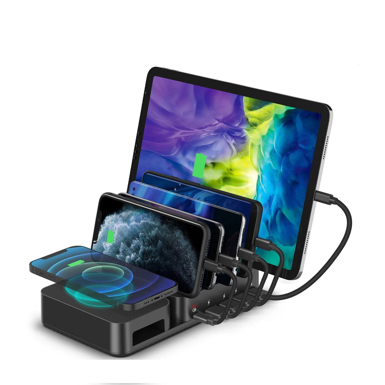 5 port Charging Station with 10 W wireless charger for Apple iPhone Multiple Devices for laptop, Black
5 port Charging Station with 10 W wireless charger for Apple iPhone Multiple Devices for laptop, Black