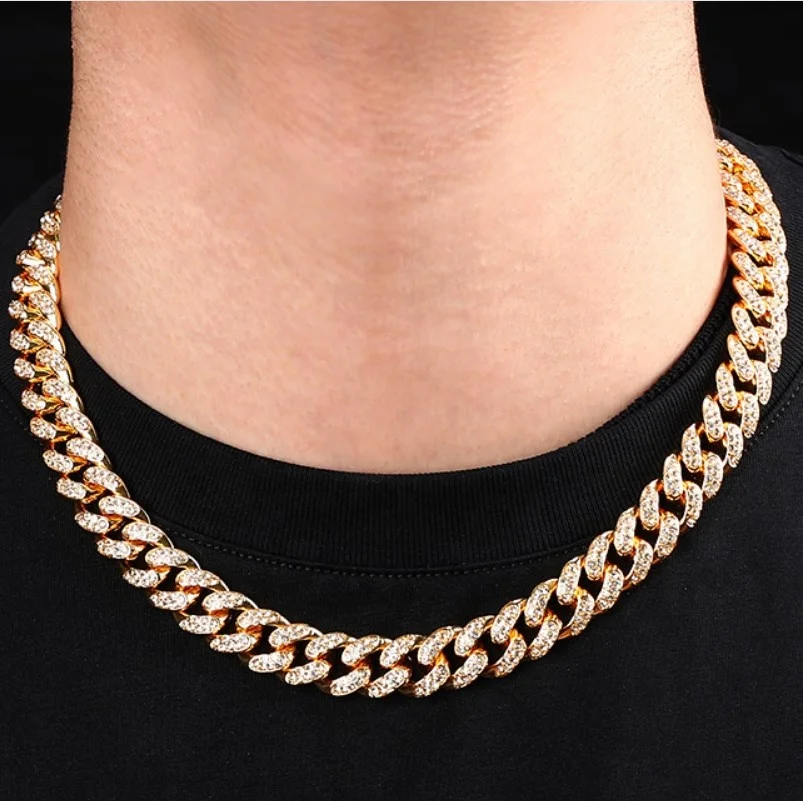 

Jewerly Manufacturer Alloy metal gold plated Cuban chain with diamond bracelet12mm width chain for men and women HIPHOP necklace, Silver,gold,black, rose gold