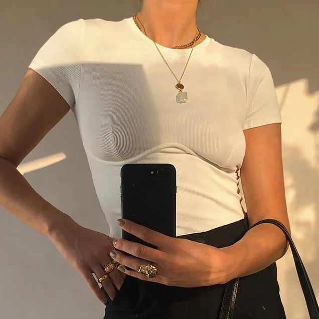 X00818C Basic White Crop Top T Shirt Elegant Short Sleeve Woman Tshirt High Street Cotton Tshirts Summer vintage streetwear, Black
X00818C Basic White Crop Top T Shirt Elegant Short Sleeve Woman Tshirt High Street Cotton Tshirts Summer vintage streetwear, Black
