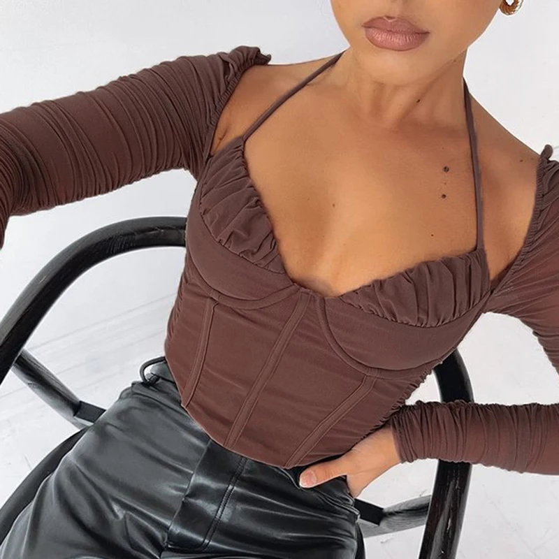 brown halter long sleeve mesh knit lining boned chest pad steel ring women's blouses, Brown,white,pink
brown halter long sleeve mesh knit lining boned chest pad steel ring women's blouses, Brown,white,pink