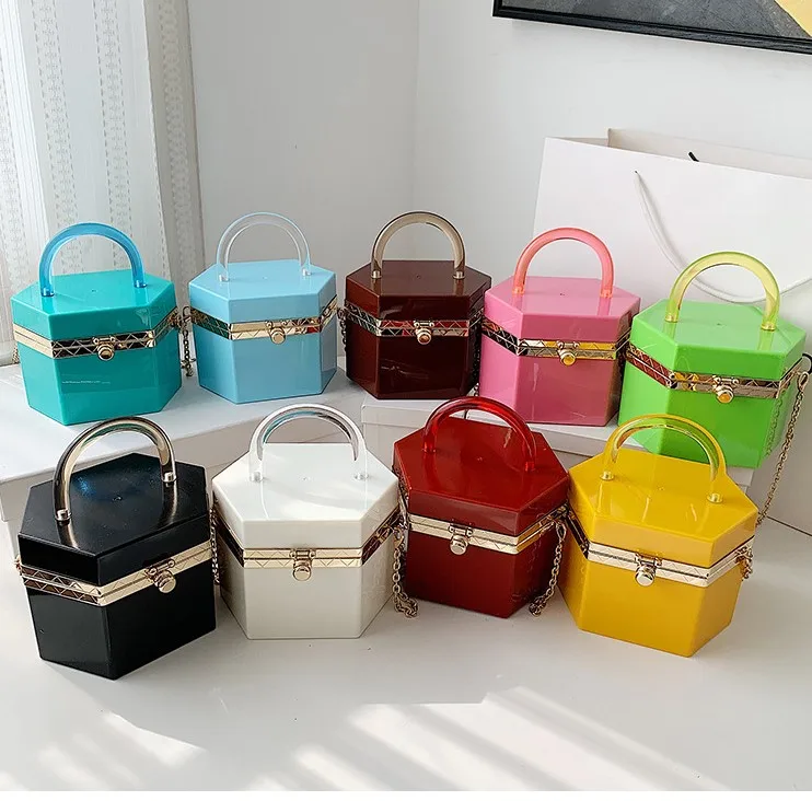 Trendy Designer Fashion Acrylic Chain Hexagon Box Clear Mini Clutch Tote Bag Handbag Purses with sunglasses shades set, 7 colors
Trendy Designer Fashion Acrylic Chain Hexagon Box Clear Mini Clutch Tote Bag Handbag Purses with sunglasses shades set, 7 colors