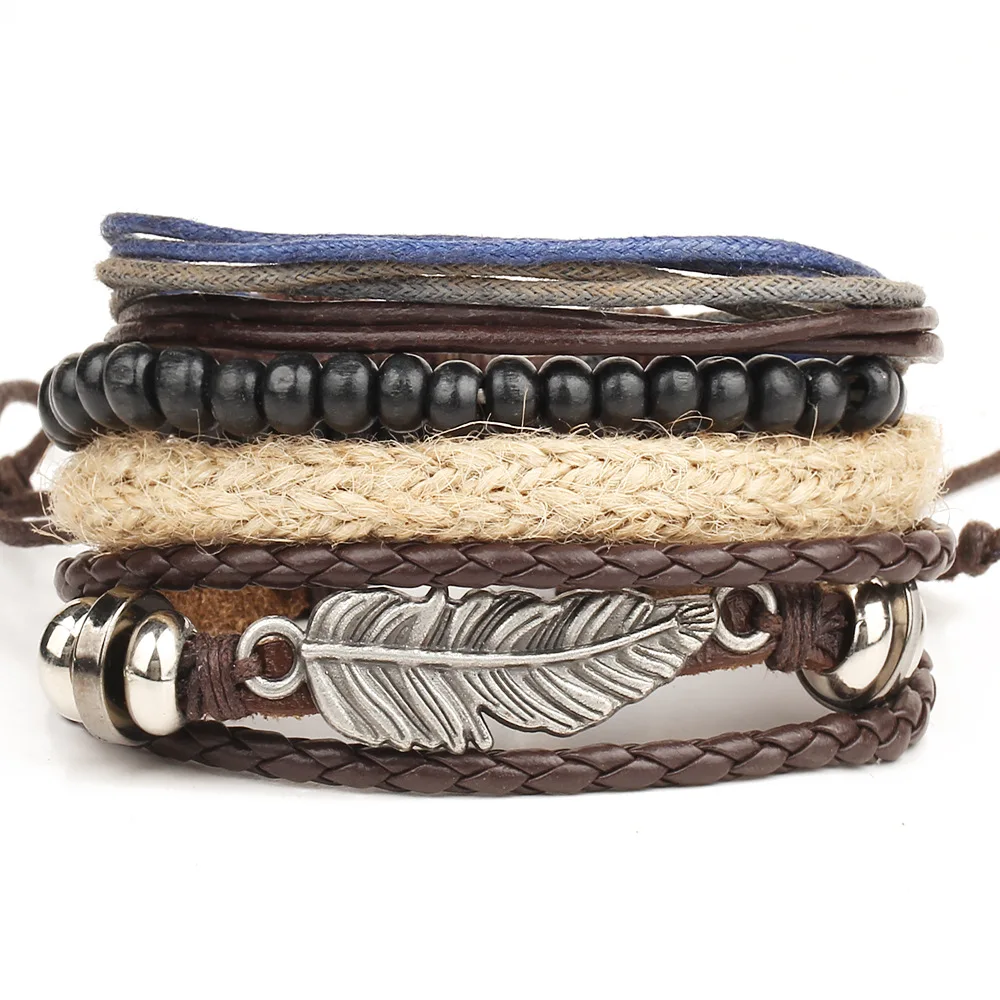 4pcs set Multilayer Wooden Beads Rope Leather Wrap Bracelet Braided Leather Leaf Feather Bracelet for Men, As picture 
4pcs set Multilayer Wooden Beads Rope Leather Wrap Bracelet Braided Leather Leaf Feather Bracelet for Men, As picture