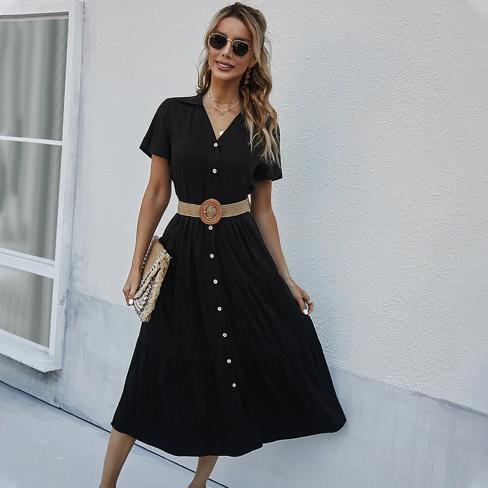 European personality solid color spring V-neck sashes high waist A-line button down shirt summer dress 2022, Customized color/as show
European personality solid color spring V-neck sashes high waist A-line button down shirt summer dress 2022, Customized color/as show