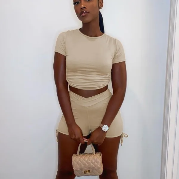 X01311C women 2 piece outfit short sleeve drawstring backless crop top biker shorts matching set fitness sporty streetwear, Black
X01311C women 2 piece outfit short sleeve drawstring backless crop top biker shorts matching set fitness sporty streetwear, Black