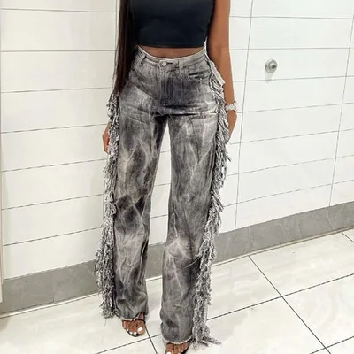 Fall 2021 Women Clothes Design Tie Dye Printing Fashion Women's Jeans Tassel Fringe With Side Pockets Pants Women's Trousers, Grey
Fall 2021 Women Clothes Design Tie Dye Printing Fashion Women's Jeans Tassel Fringe With Side Pockets Pants Women's Trousers, Grey