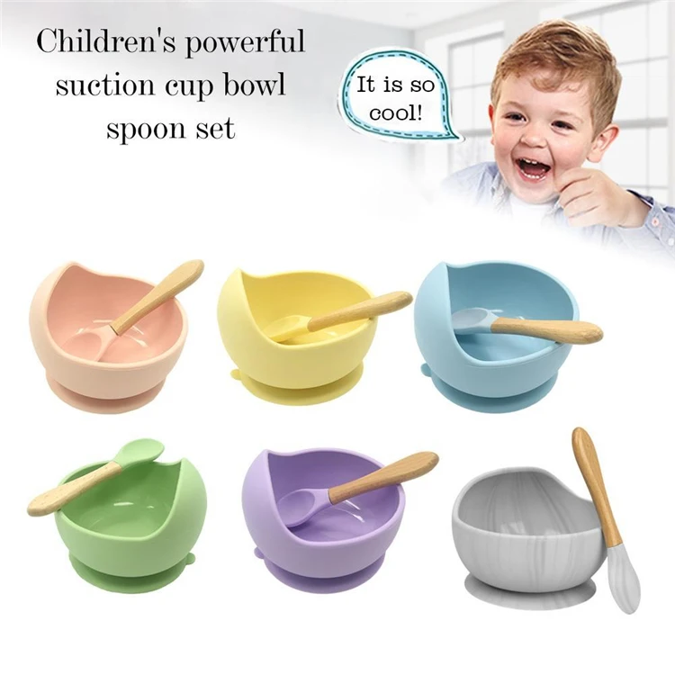 

1set Silicone Baby Feeding Bowl Spoon Set Waterproof Spoon Non-Slip Silicone Tableware Kids Plate With Wood Spoon, Green, blue,gray,pink,mint,marble, yellow, purple