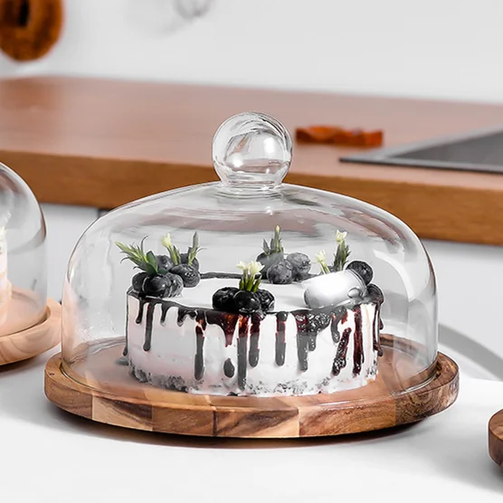 wooden cake stand with glass dome cover for transparent dust cover with wooden base, Natural 
wooden cake stand with glass dome cover for transparent dust cover with wooden base, Natural