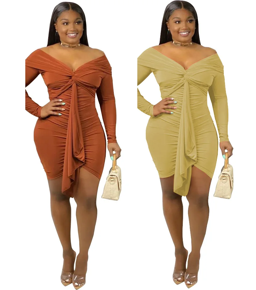 women Sexy nightclub skirt irregular solid color pleated knotted off shoulder dress for ladies
women Sexy nightclub skirt irregular solid color pleated knotted off shoulder dress for ladies