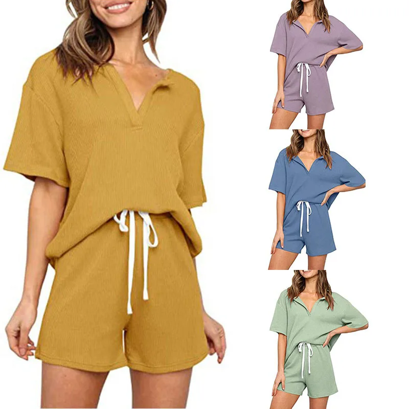 V-neck Solid Two Piece Short Set Short Sleeve Drawstring Cotton Shorts Casual Pocket 2 Piece Short Set Women
V-neck Solid Two Piece Short Set Short Sleeve Drawstring Cotton Shorts Casual Pocket 2 Piece Short Set Women