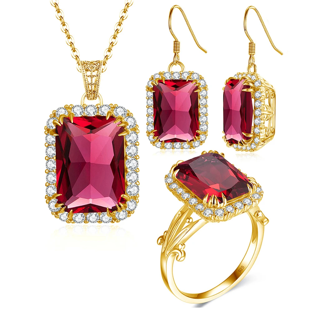 Classic Ruby Zircon Gold Plated Bridal Wedding Jewelry Set Women's Necklace Rings 925 Sterling Silver set Jewelry Manufacturer
Classic Ruby Zircon Gold Plated Bridal Wedding Jewelry Set Women's Necklace Rings 925 Sterling Silver set Jewelry Manufacturer