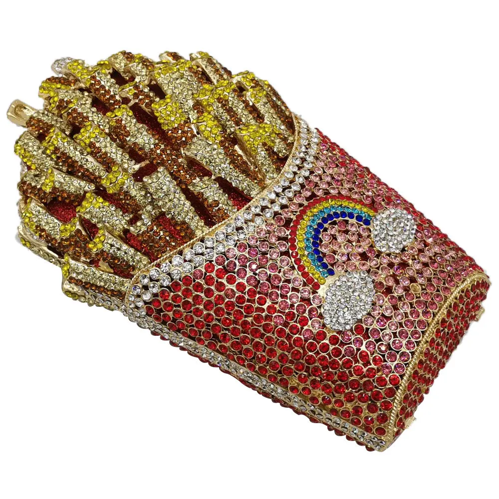 French fries in the shape of a diamond-encrusted lady's bag with a rainbow pattern jewel for dinner
French fries in the shape of a diamond-encrusted lady's bag with a rainbow pattern jewel for dinner