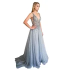 Newest V Neckline Sleeveless Illusion Beaded Light Blue Long Prom Dress 2020