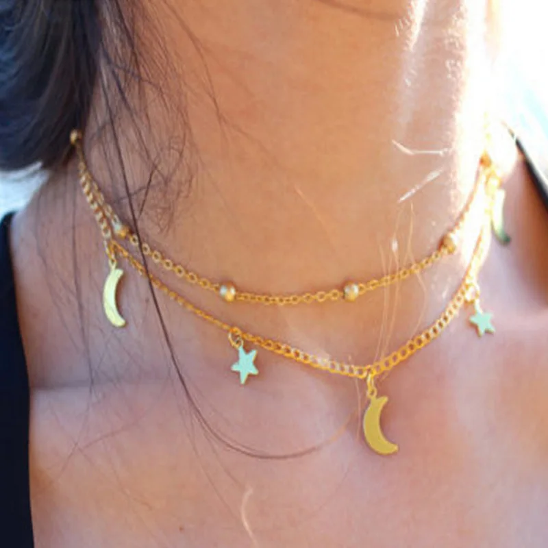 Round beads moon star short crescent necklace