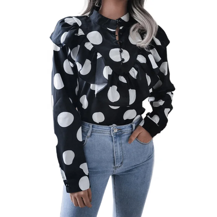 Amazon Wish 2021 spring lady blouse women printing ruffled long-sleeved Temperament wave dot shirt, Color cards
Amazon Wish 2021 spring lady blouse women printing ruffled long-sleeved Temperament wave dot shirt, Color cards