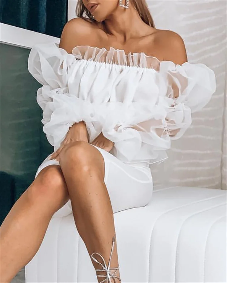 Wholesale women fashion white transparent off shoulder puff long sleeve mesh tops