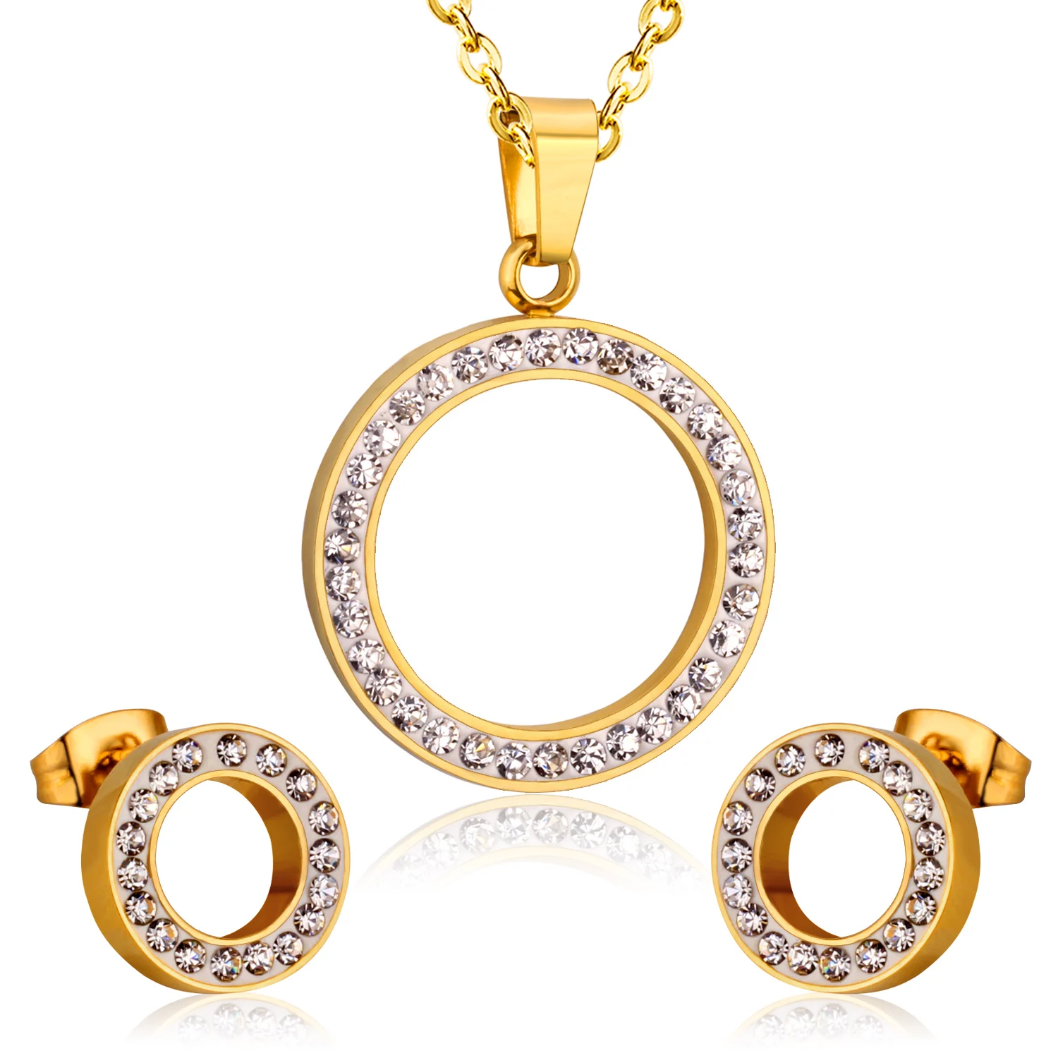 Wholesale Stainless Steel Gold Plated Jewellery Crystal Circle Zircon Pendant Necklace Earrings Jewelry Set For Women
Wholesale Stainless Steel Gold Plated Jewellery Crystal Circle Zircon Pendant Necklace Earrings Jewelry Set For Women