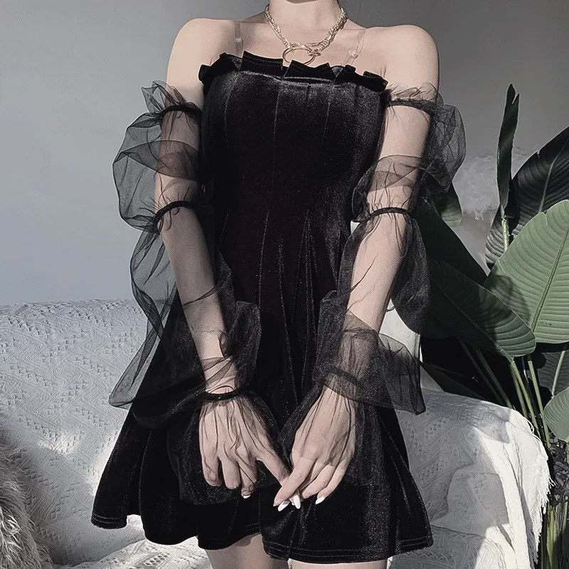 Gothic Dark Mesh Vintage Summer Girl's Short Dresses Aesthetic Transparent Strap Pleated Dress Chic Punk Hip Hop Grunge Dress, Black
Gothic Dark Mesh Vintage Summer Girl's Short Dresses Aesthetic Transparent Strap Pleated Dress Chic Punk Hip Hop Grunge Dress, Black