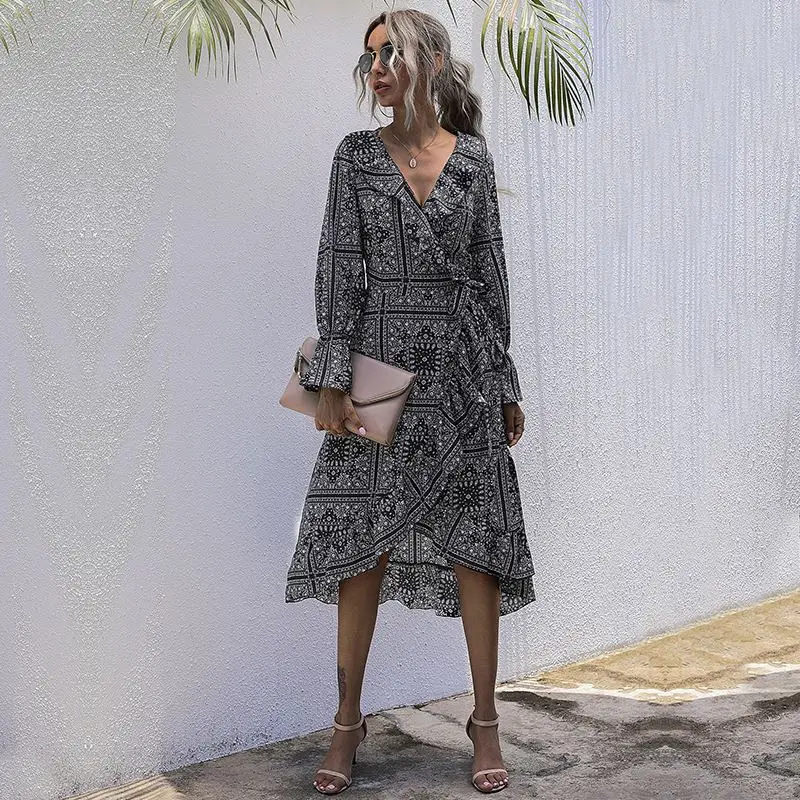 xmhs Women Lady Elegant Dresses V-Neck Floral Print Long Sleeve Ruffled Casual Dresses fall dresses for women, Customized color
xmhs Women Lady Elegant Dresses V-Neck Floral Print Long Sleeve Ruffled Casual Dresses fall dresses for women, Customized color