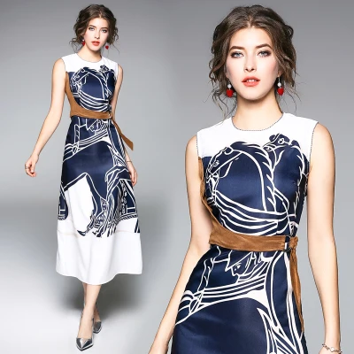 2021 spring summer new design fashion high end printing a line round neck sleeveless women elegant vintage dresseses with belt, Picture color
2021 spring summer new design fashion high end printing a line round neck sleeveless women elegant vintage dresseses with belt, Picture color