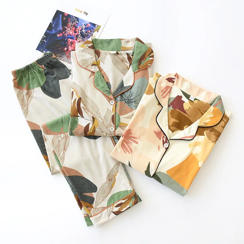High Quality Cotton Women's Pajamas Set Wholesale Long Sleeve Sleepwear Female Plus Size Nightwear Two-pieces Ladies Home Wear, Green yellow leaf print home clothes
High Quality Cotton Women's Pajamas Set Wholesale Long Sleeve Sleepwear Female Plus Size Nightwear Two-pieces Ladies Home Wear, Green yellow leaf print home clothes