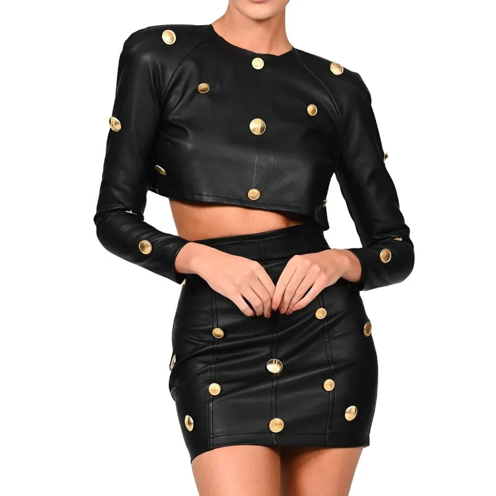 PU Leather Gold Button Detail Crop Top High Waist Skirt Set Women Fashion 2 Piece Set, Black/white
PU Leather Gold Button Detail Crop Top High Waist Skirt Set Women Fashion 2 Piece Set, Black/white