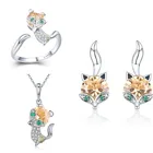 Fox Stud Earring 925 Sterling Silver Zircon Cute Animal Ring Necklace Jewelry