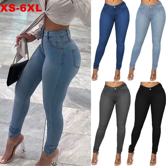 Wholesale Basic Women Pencil Jeans Stretch Jeans Women High Waist Solid Trousers Women Pencil Pants, Blue