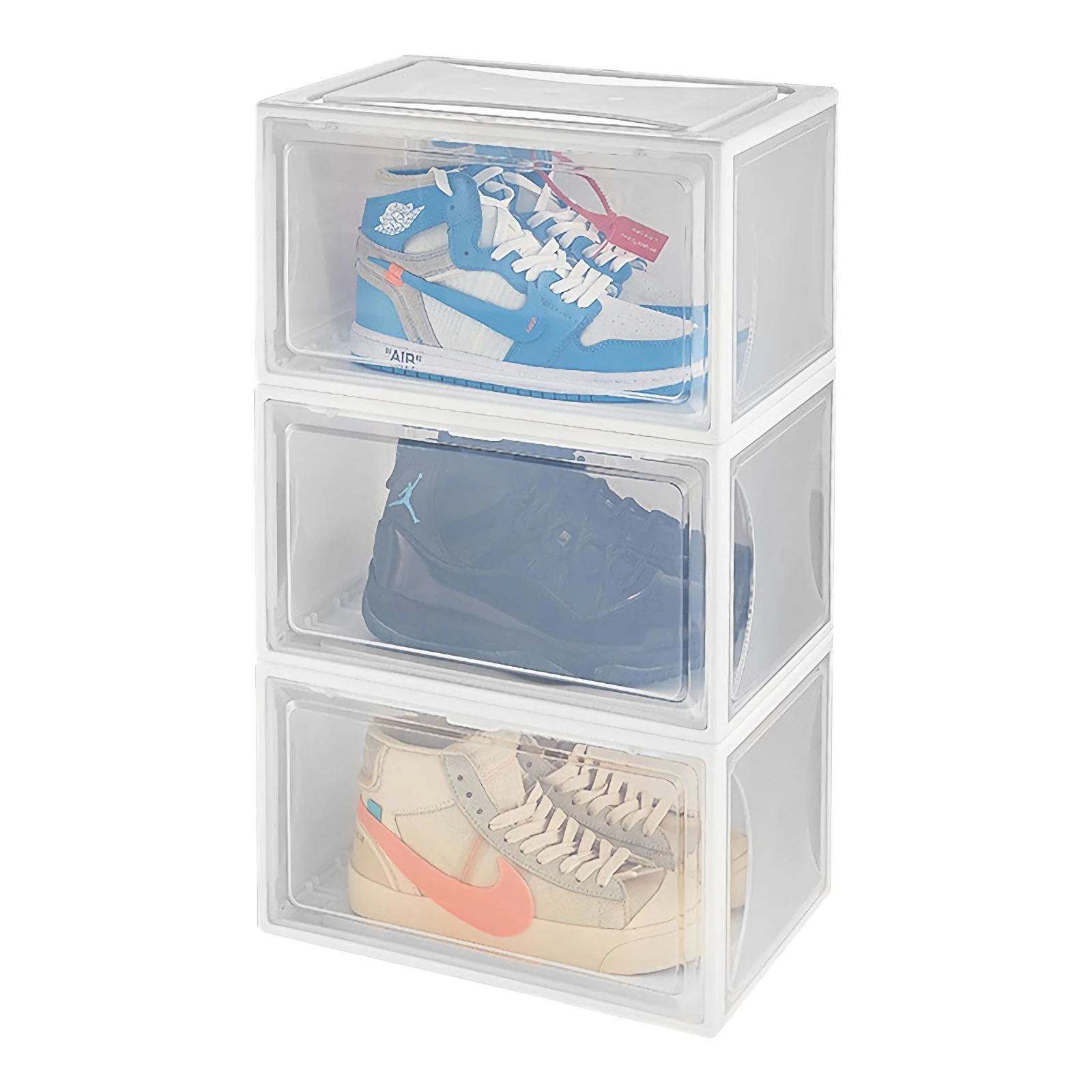 Wholesale price magnetic door stackable shoes box drop front shoe box for household storage
Wholesale price magnetic door stackable shoes box drop front shoe box for household storage