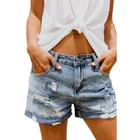 Fashion Women Light Blue Paper Bag Waist Denim Jeans Shorts