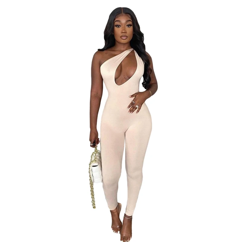 

2021 Summer Autumn stretch hollow out asymmetrical sleeveless tight solid color womens jumpsuit