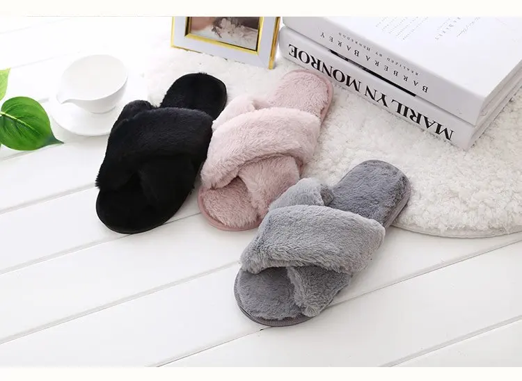 Winter Women Home Slippers with Faux Fur Fashion Warm Shoes Woman Slip on Flats Female Slides