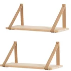 Floating Leather Strap Swing Organizer Set of 2 Hanging wall wood shelf