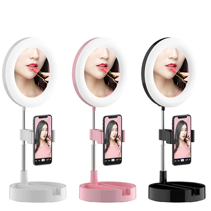 Hot Selling Multifunctional LED Ring Fill Light Makeup Mirror Foldable Desktop Ring Light for Phone, White black
Hot Selling Multifunctional LED Ring Fill Light Makeup Mirror Foldable Desktop Ring Light for Phone, White black