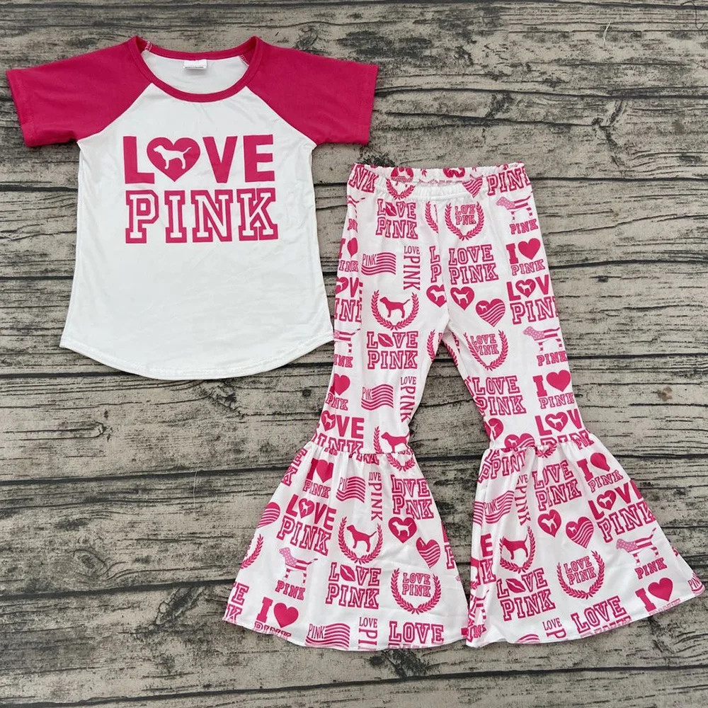 Short sleeve raglan tee shirt top bell bottom pants pink color children baby clothes set kids girls 2pcs clothing sets outfits
Short sleeve raglan tee shirt top bell bottom pants pink color children baby clothes set kids girls 2pcs clothing sets outfits
