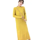 Winter Thick Plain Korean Fashion Pullover Yellow Sweater Dress For Ladies